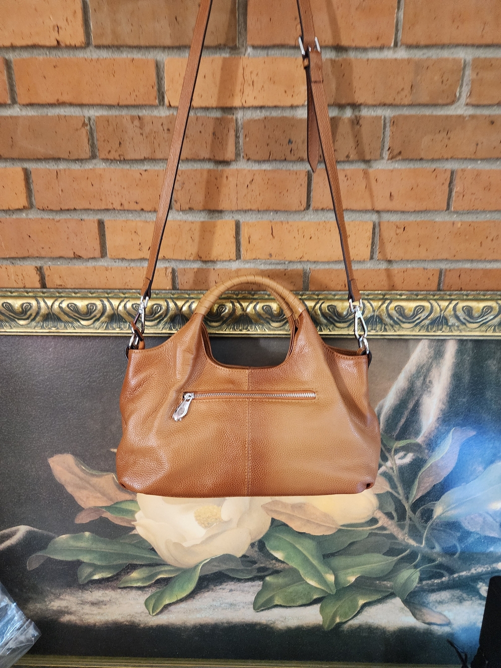 Structured Tan Leather Shoulder Bag with Wrapped Top Handle - Picture 7 of 15